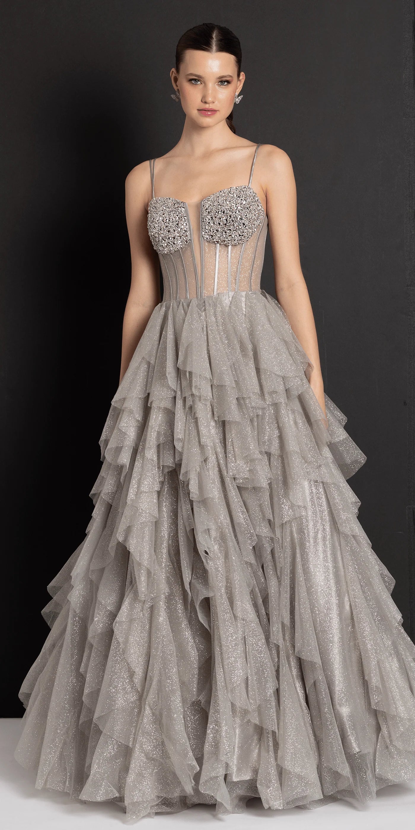 Elegant Spaghetti Strap Sweetheart Neckline Open Back Lace Up Detail Beaded Mesh Tiered Ruffle Glitter Tulle A Line Evening Dress For Formal Evening Gala Wedding Guest Bridesmaid