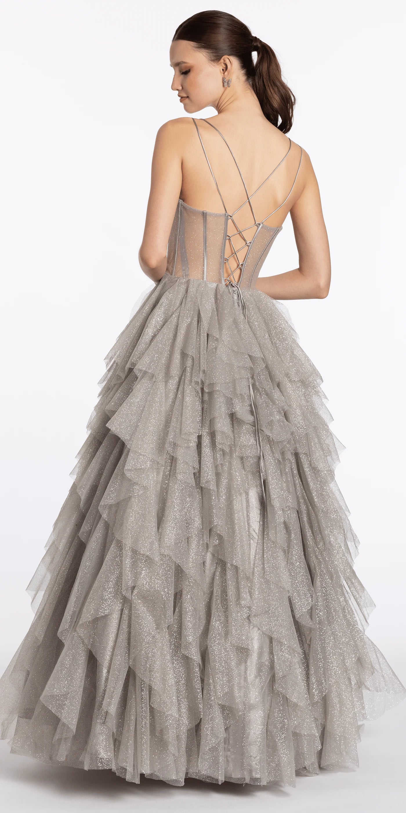 Elegant Spaghetti Strap Sweetheart Neckline Open Back Lace Up Detail Beaded Mesh Tiered Ruffle Glitter Tulle A Line Evening Dress For Formal Evening Gala Wedding Guest Bridesmaid