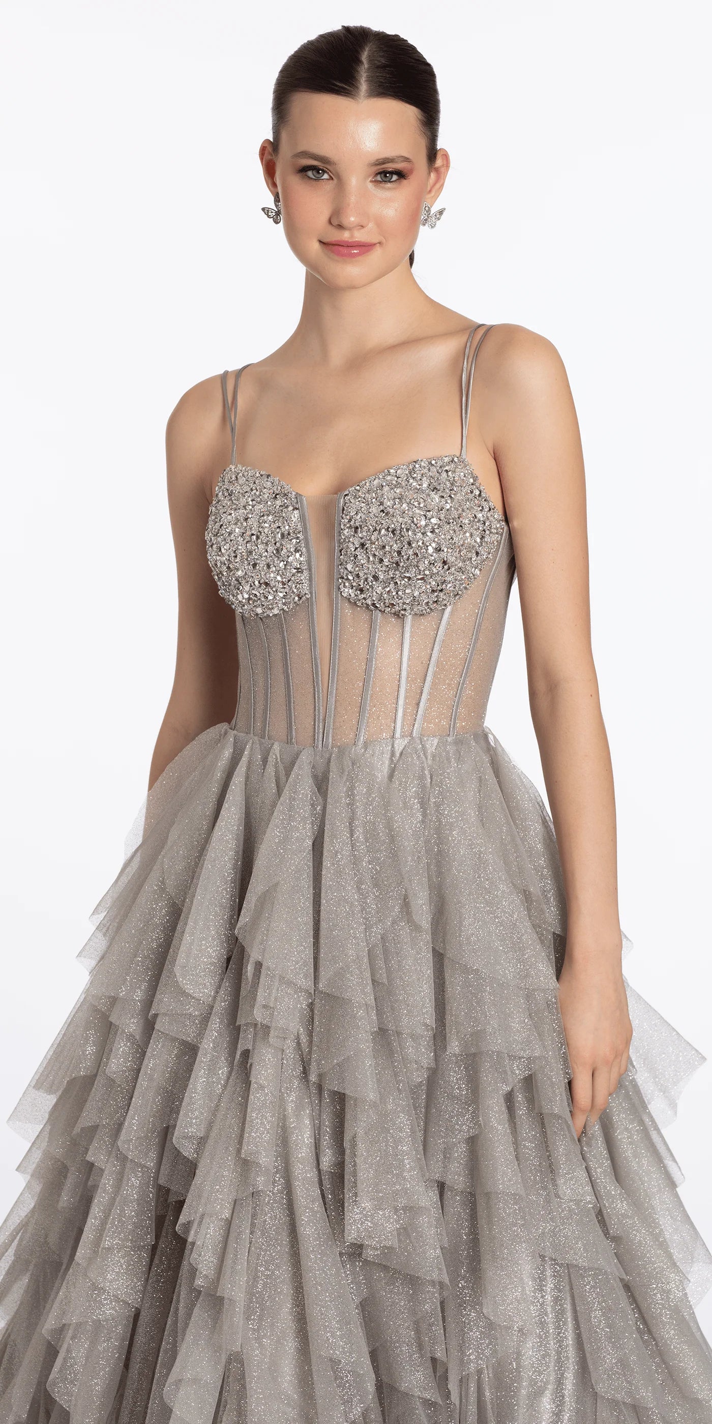 Elegant Spaghetti Strap Sweetheart Neckline Open Back Lace Up Detail Beaded Mesh Tiered Ruffle Glitter Tulle A Line Evening Dress For Formal Evening Gala Wedding Guest Bridesmaid