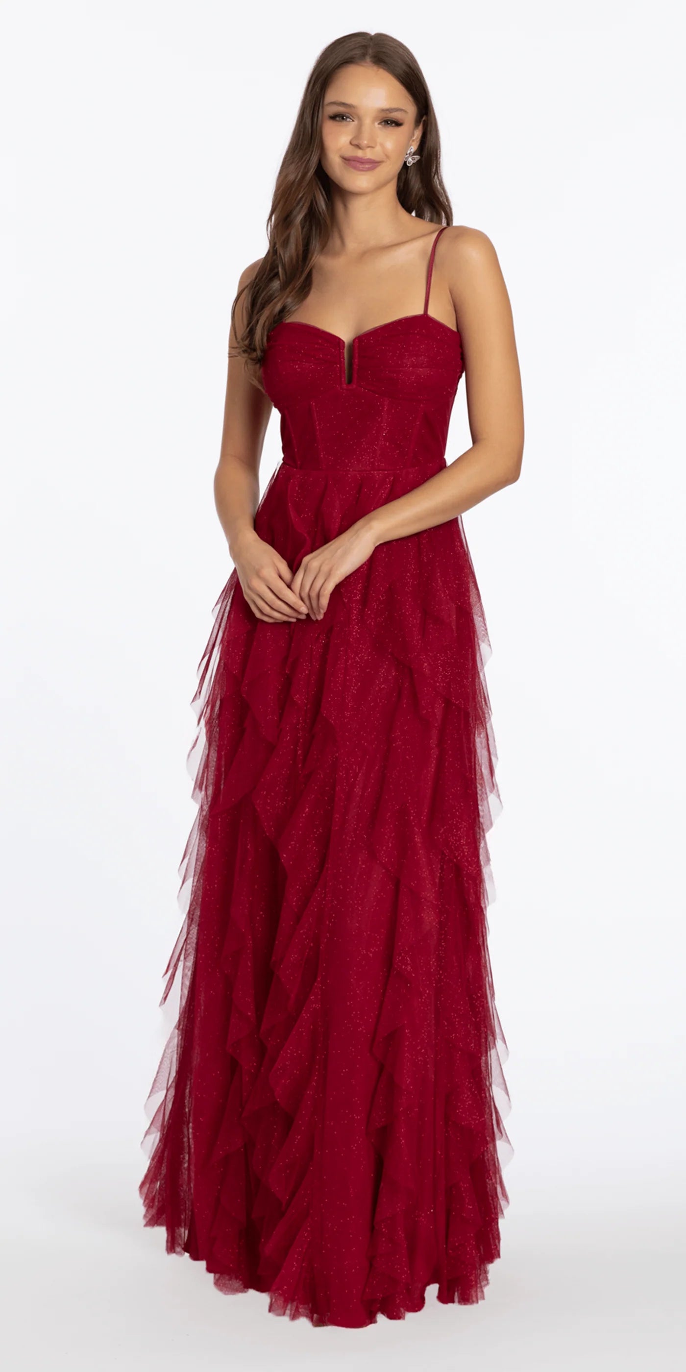 Elegant Spaghetti Strap Sweetheart Neckline Open Back Lace Up Detail Glitter Tiered Ruffle Tulle A Line Evening Dress For Formal Evening Gala Wedding Guest Bridesmaid