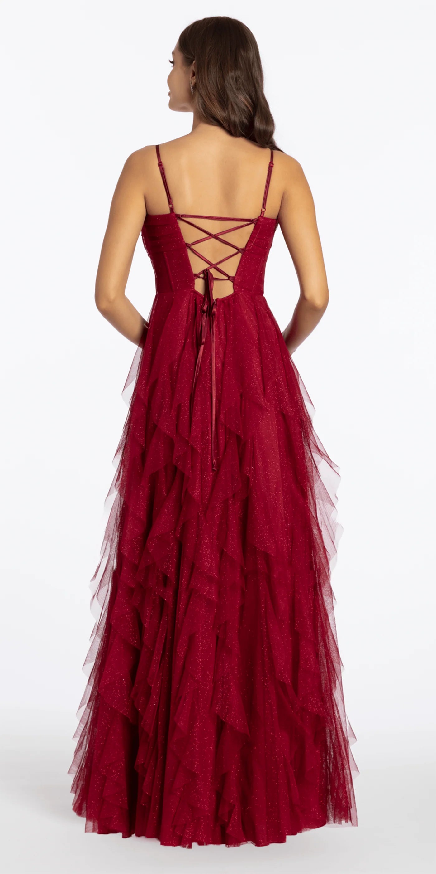 Elegant Spaghetti Strap Sweetheart Neckline Open Back Lace Up Detail Glitter Tiered Ruffle Tulle A Line Evening Dress For Formal Evening Gala Wedding Guest Bridesmaid