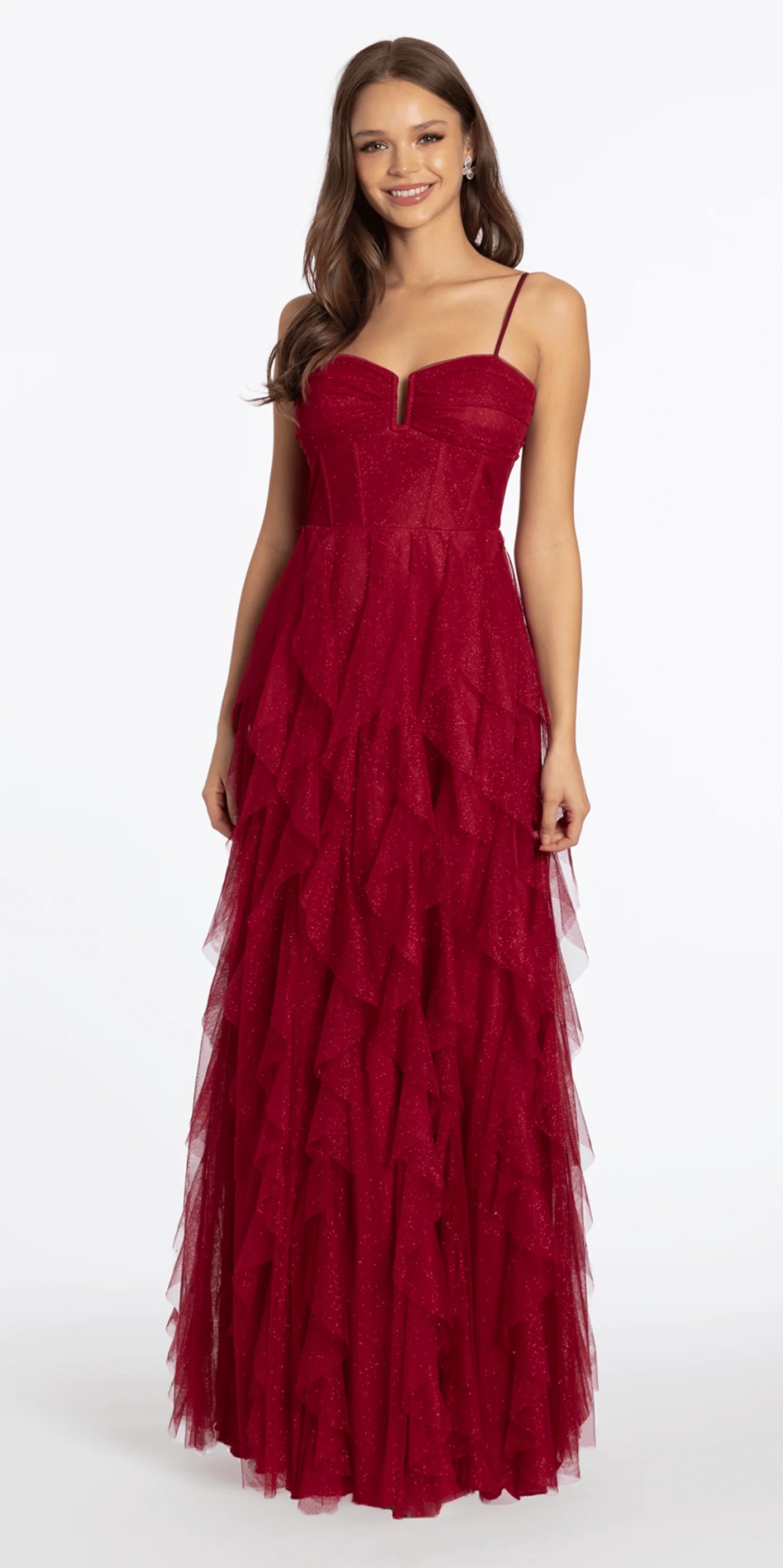 Elegant Spaghetti Strap Sweetheart Neckline Open Back Lace Up Detail Glitter Tiered Ruffle Tulle A Line Evening Dress For Formal Evening Gala Wedding Guest Bridesmaid