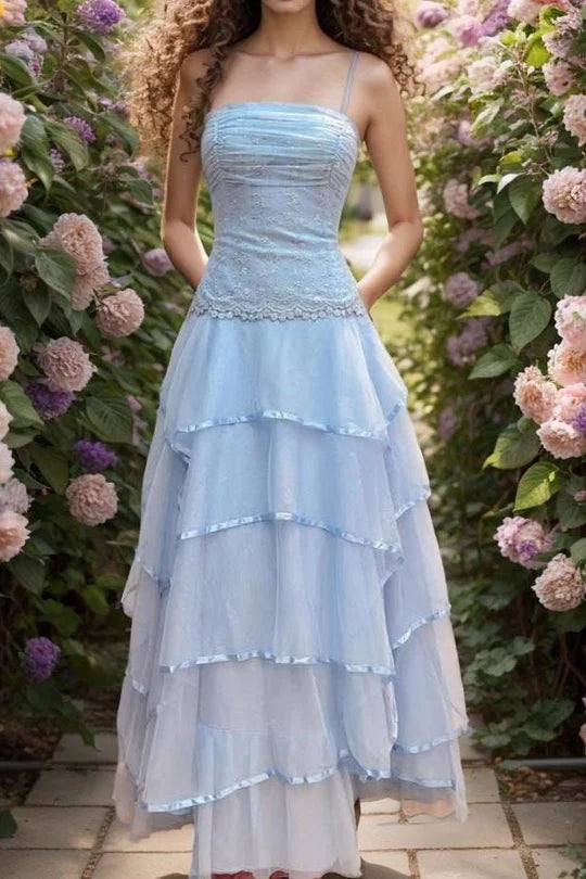 Elegant Spaghetti Strap Sweetheart Neckline Open Back Lace Up Detail Lace Appliqué Tiered Ruffle Organza A Line Evening Dress For Formal Evening Prom Wedding Guest Bridesmaid Garden Party