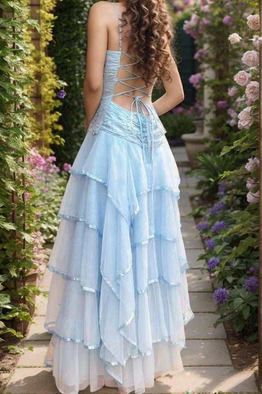 Elegant Spaghetti Strap Sweetheart Neckline Open Back Lace Up Detail Lace Appliqué Tiered Ruffle Organza A Line Evening Dress For Formal Evening Prom Wedding Guest Bridesmaid Garden Party