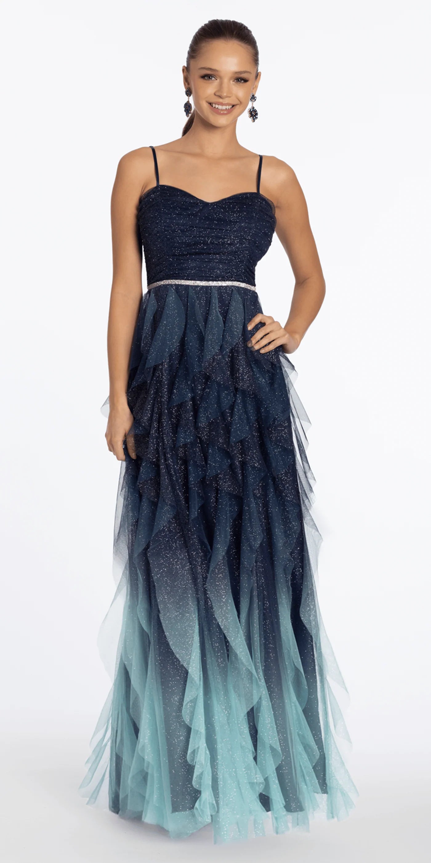 Elegant Spaghetti Strap Sweetheart Neckline Open Back Lace Up Detail Ombre Glitter Tiered Ruffle Tulle A Line Evening Dress For Formal Evening Gala Wedding Guest Bridesmaid