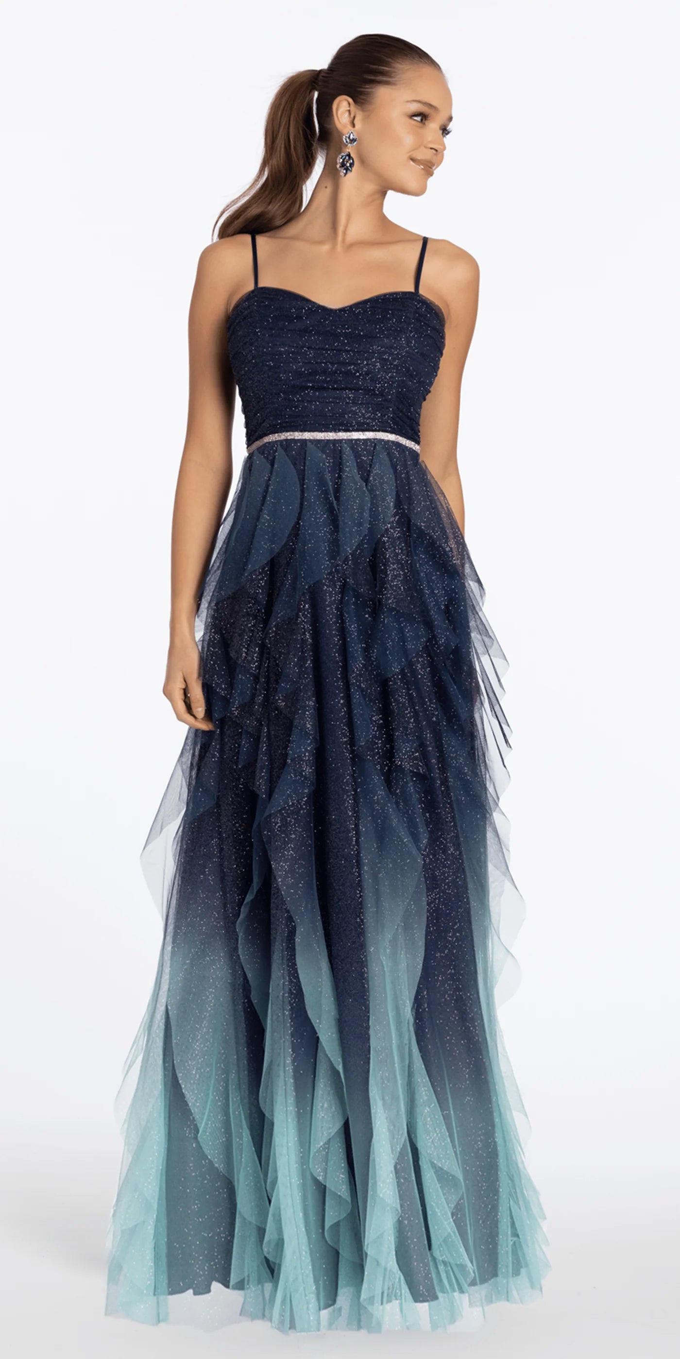Elegant Spaghetti Strap Sweetheart Neckline Open Back Lace Up Detail Ombre Glitter Tiered Ruffle Tulle A Line Evening Dress For Formal Evening Gala Wedding Guest Bridesmaid