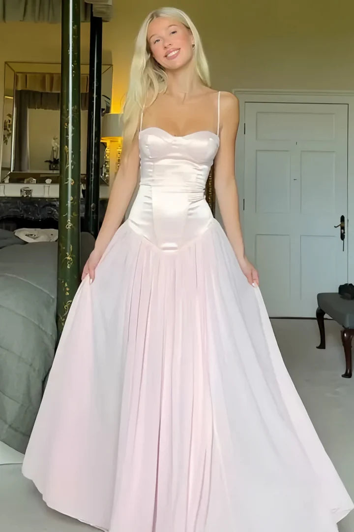 Elegant Spaghetti Strap Sweetheart Neckline Open Back Lace Up Detail Satin Bodice Pleated Chiffon A Line Evening Dress For Formal Evening Prom Wedding Guest Bridesmaid Gala