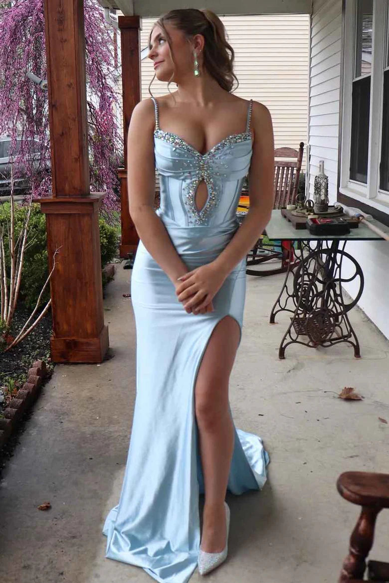 Elegant Spaghetti Strap Sweetheart Neckline Rhinestone Embellished Keyhole Detail High Slit Mermaid Maxi Evening Dress With Train For Formal Evening Prom Wedding Guest Bridesmaid Cocktail Party Gala