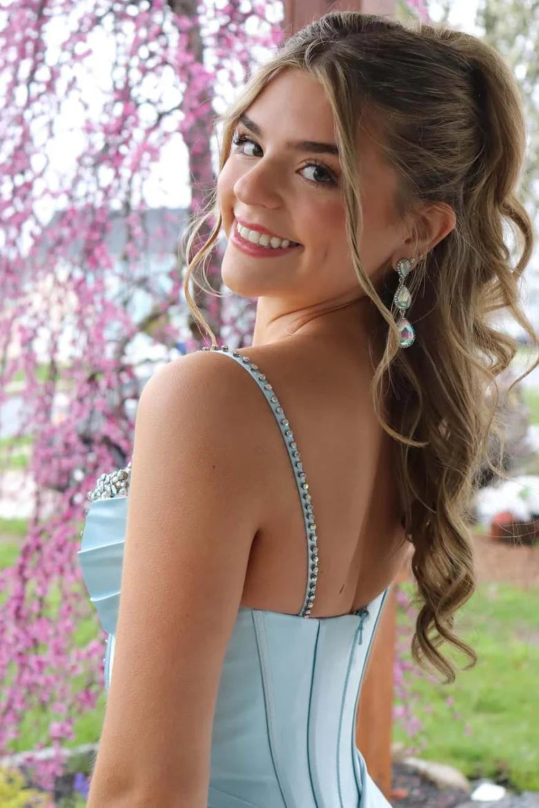 Elegant Spaghetti Strap Sweetheart Neckline Rhinestone Embellished Keyhole Detail High Slit Mermaid Maxi Evening Dress With Train For Formal Evening Prom Wedding Guest Bridesmaid Cocktail Party Gala