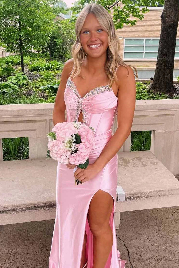 Elegant Spaghetti Strap Sweetheart Neckline Rhinestone Embellished Keyhole Detail High Slit Mermaid Maxi Evening Dress With Train For Formal Evening Prom Wedding Guest Bridesmaid Cocktail Party Gala