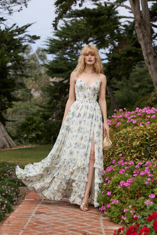 Elegant Spaghetti Strap Sweetheart Neckline Ruffle Trim Bustier Bodice High Slit Tiered Ruffle Hem Floral Print Chiffon Maxi Dress For Casual Beach Wedding Bridal Shower Garden Party