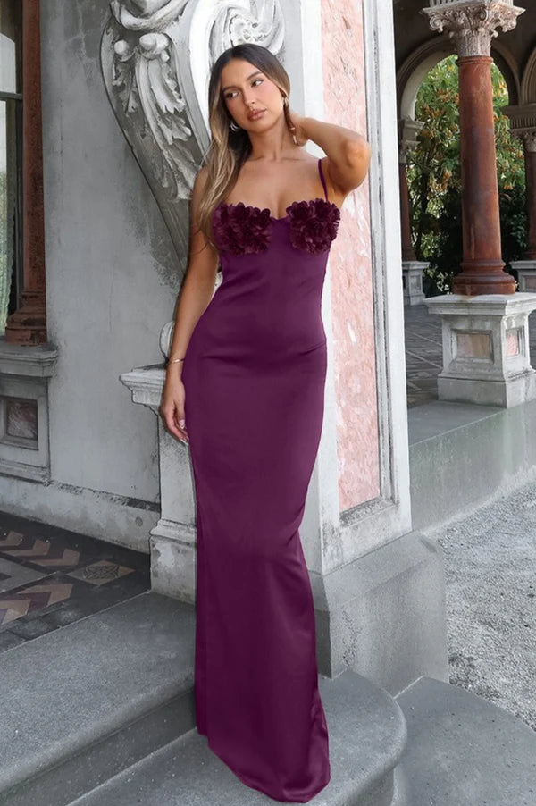Elegant Spaghetti Strap Tie Back 3D Floral Appliqué Satin Mermaid Maxi Prom Dress For Formal Evening Gala Wedding Guest