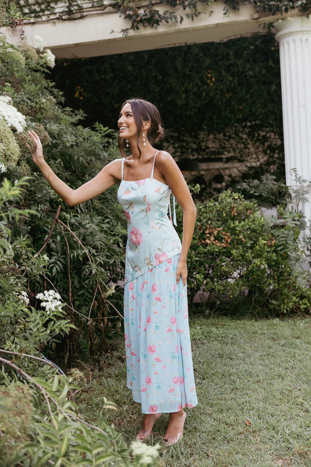 Elegant Spaghetti Strap Tie Back Floral Print Asymmetrical Hem Midi Prom Dress For Formal Evening Wedding Guest Bridesmaid Cocktail Party