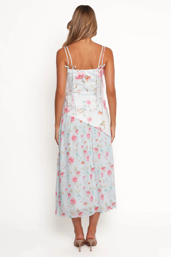 Elegant Spaghetti Strap Tie Back Floral Print Asymmetrical Hem Midi Prom Dress For Formal Evening Wedding Guest Bridesmaid Cocktail Party