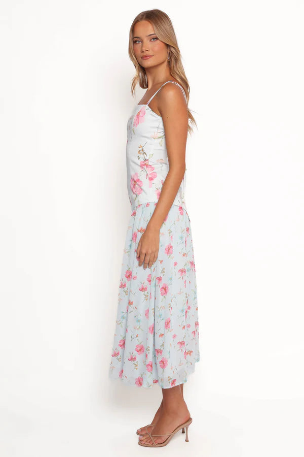 Elegant Spaghetti Strap Tie Back Floral Print Asymmetrical Hem Midi Prom Dress For Formal Evening Wedding Guest Bridesmaid Cocktail Party