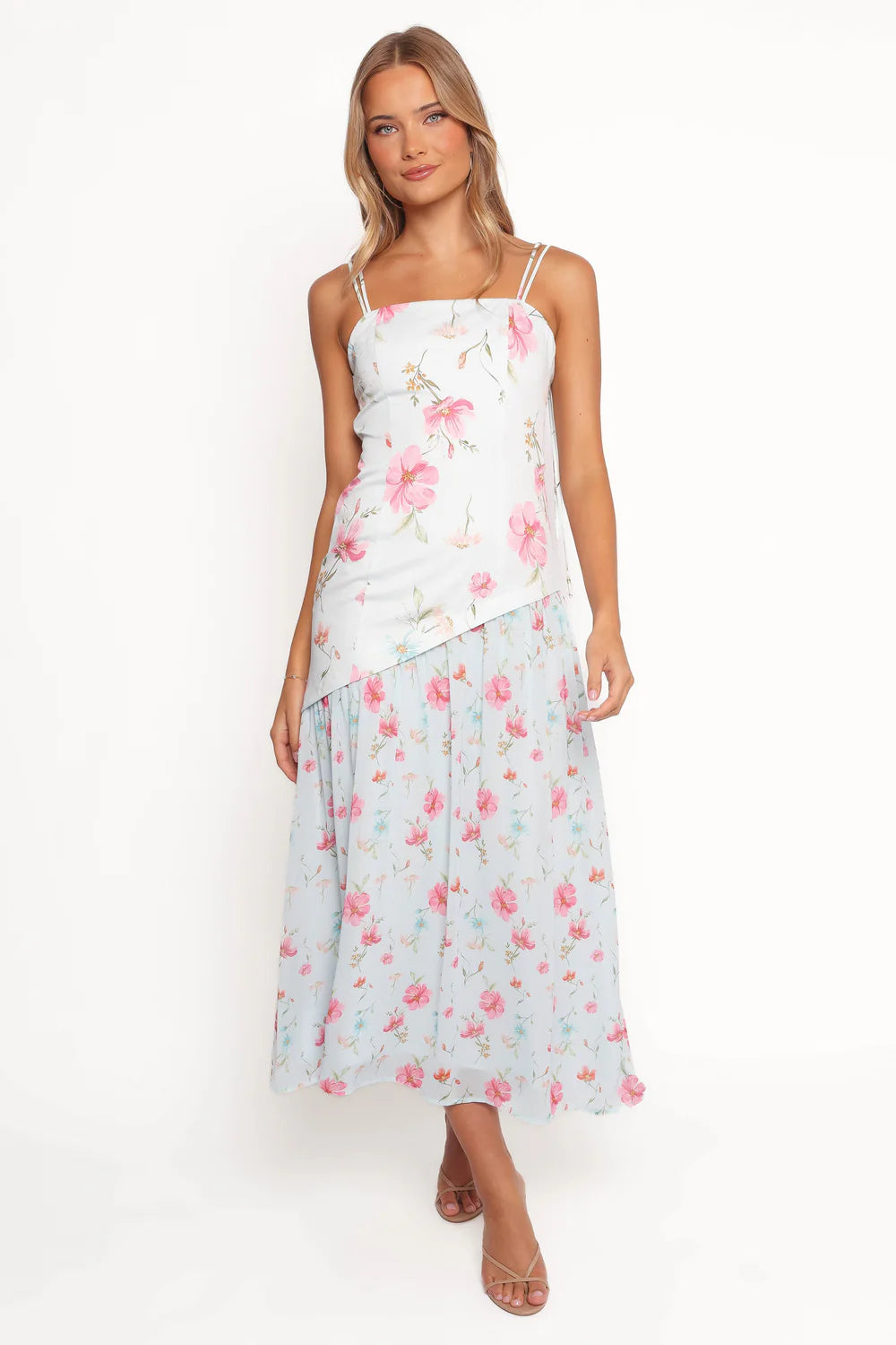 Elegant Spaghetti Strap Tie Back Floral Print Asymmetrical Hem Midi Prom Dress For Formal Evening Wedding Guest Bridesmaid Cocktail Party