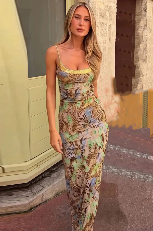 Elegant Spaghetti Strap Tie Back Open Back Abstract Print Ruched Bodycon Maxi Prom Dress For Formal Evening Gala Vacation
