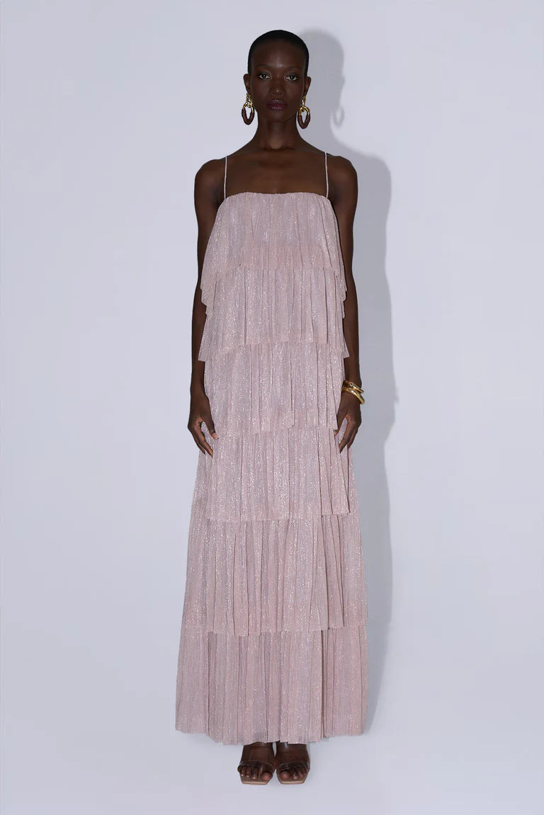 Elegant Spaghetti Strap Tiered Ruffle Pleated Shimmer Maxi Prom Dress For Formal Evening Wedding Guest