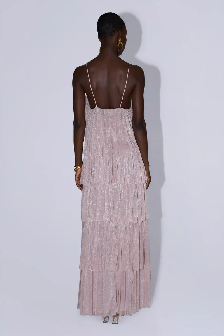 Elegant Spaghetti Strap Tiered Ruffle Pleated Shimmer Maxi Prom Dress For Formal Evening Wedding Guest