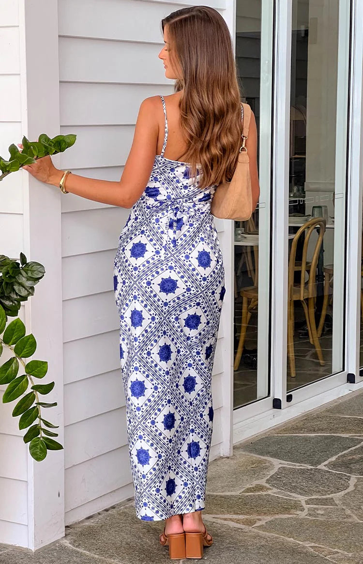 Elegant Spaghetti Strap V Neck Blue White Tile Print Satin Maxi Prom Dress