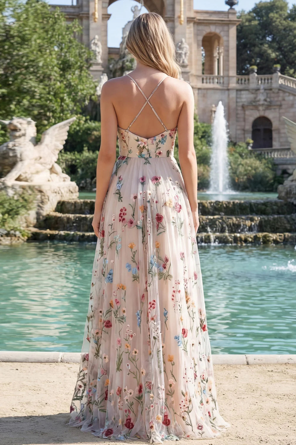 Elegant Spaghetti Strap V Neck Colorful Floral Embroidered Tulle Lace Up Back High Slit Maxi Prom Dress
