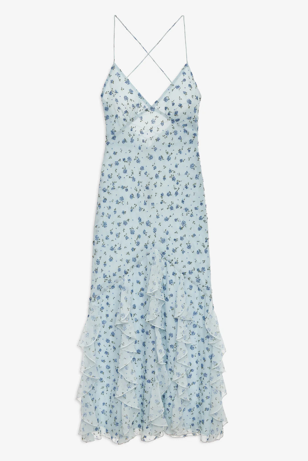 Elegant Spaghetti Strap V Neck Ditsy Floral Print Lace Up Back Tiered Ruffle Mermaid Maxi Prom Dress For Formal Evening Wedding Guest