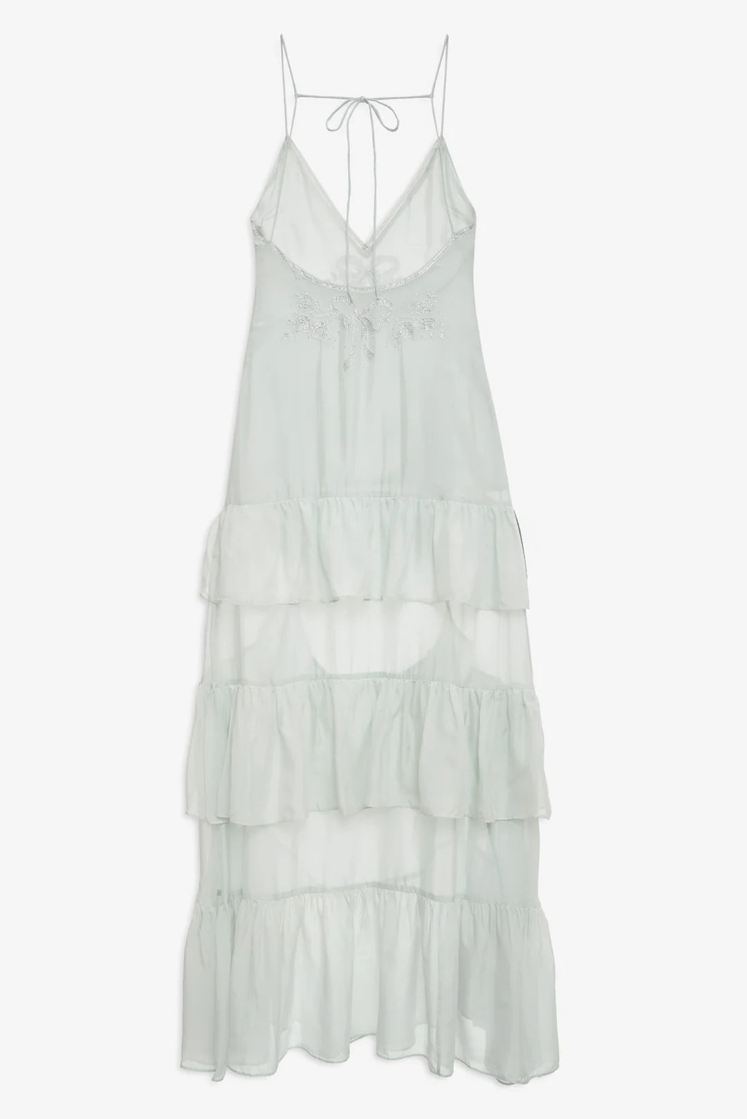Elegant Spaghetti Strap V Neck Embroidered Lace Up Back Tiered Ruffle Maxi Prom Dress For Formal Evening Wedding Guest