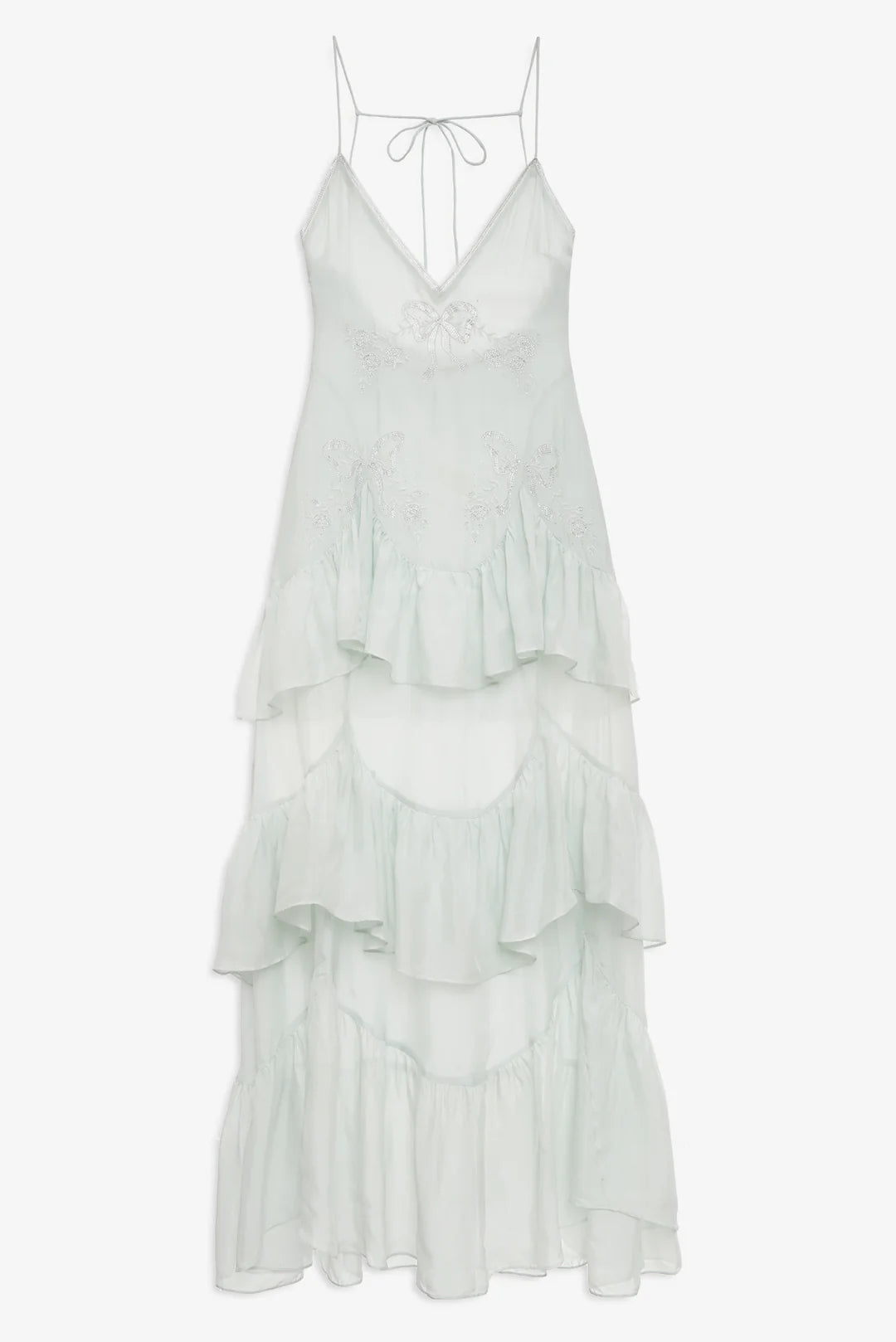 Elegant Spaghetti Strap V Neck Embroidered Lace Up Back Tiered Ruffle Maxi Prom Dress For Formal Evening Wedding Guest