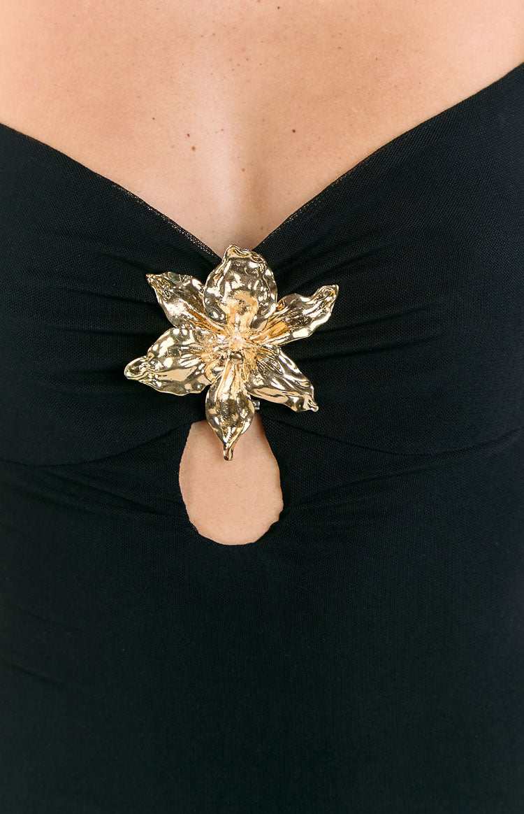 Elegant Spaghetti Strap V Neck Keyhole Gold Flower Detail Bodycon Maxi Prom Dress