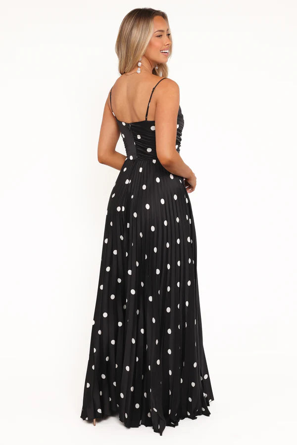 Elegant Spaghetti Strap V Neck Ruched Bodice Polka Dot Pleated Maxi Prom Dress For Formal Evening Wedding Guest Bridesmaid Cocktail Party