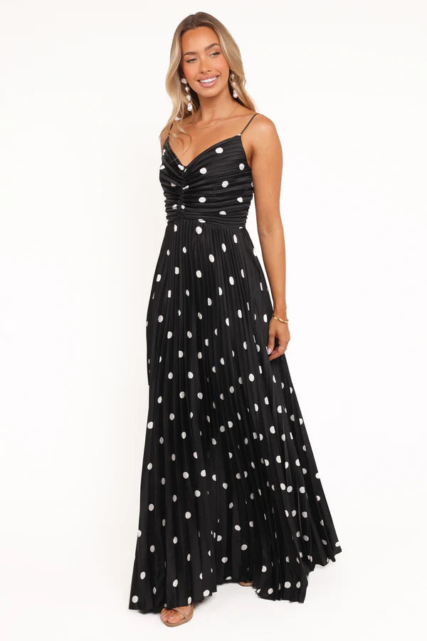 Elegant Spaghetti Strap V Neck Ruched Bodice Polka Dot Pleated Maxi Prom Dress For Formal Evening Wedding Guest Bridesmaid Cocktail Party