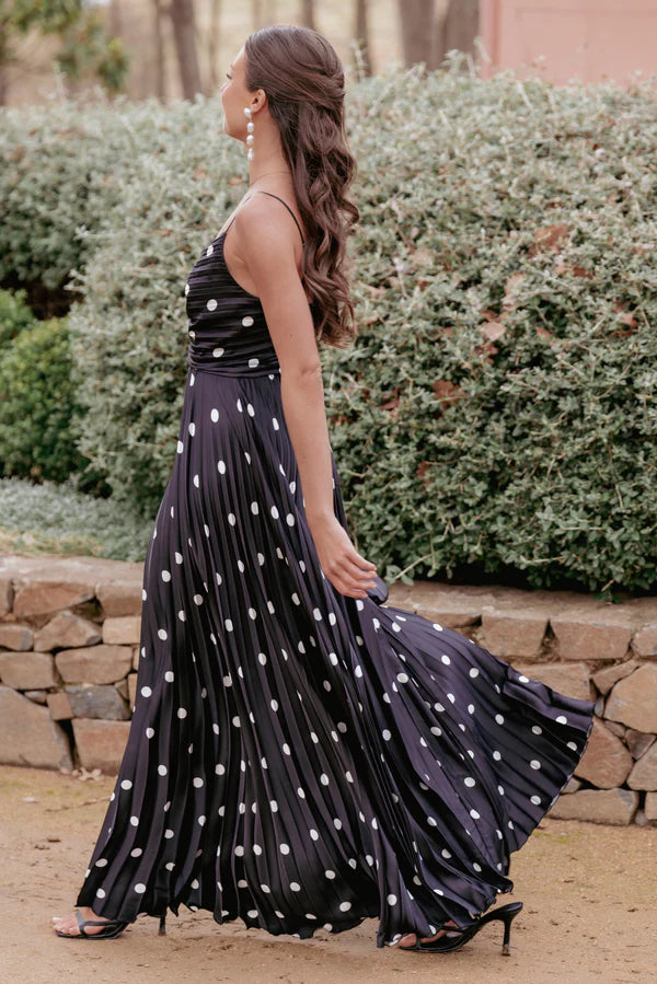 Elegant Spaghetti Strap V Neck Ruched Bodice Polka Dot Pleated Maxi Prom Dress For Formal Evening Wedding Guest Bridesmaid Cocktail Party
