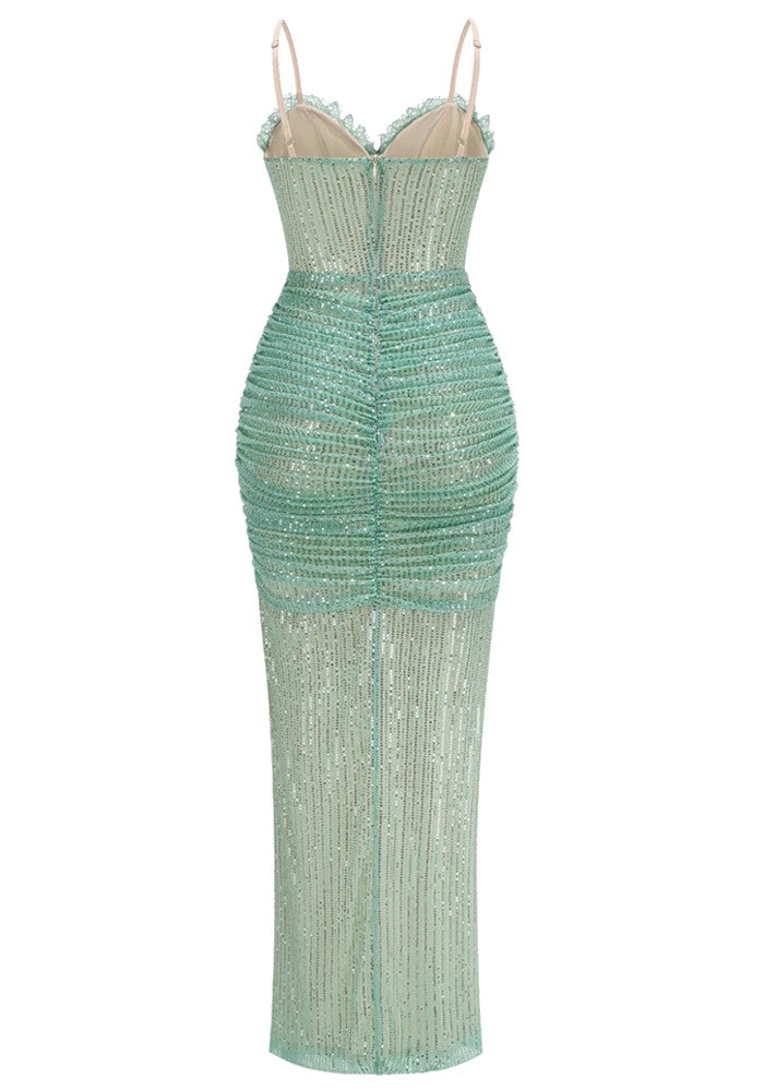 Elegant Spaghetti Strap V Neck Ruffle Trim Heart Rhinestone Detail Ruched Sequin Mermaid Maxi Prom Dress