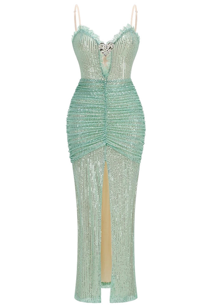 Elegant Spaghetti Strap V Neck Ruffle Trim Heart Rhinestone Detail Ruched Sequin Mermaid Maxi Prom Dress