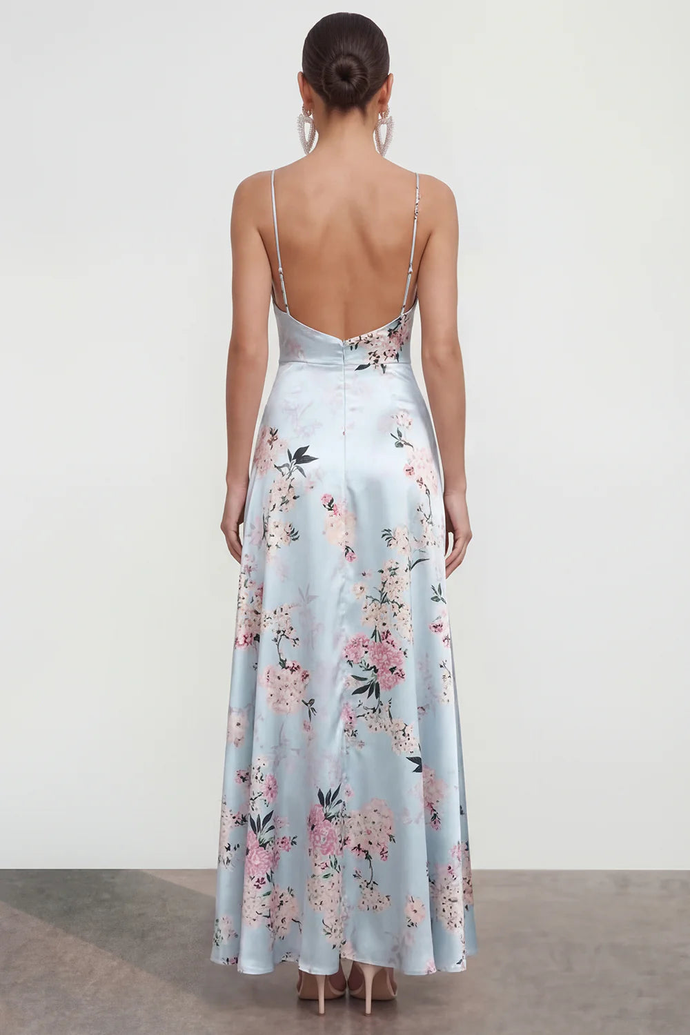 Elegant Spaghetti Strap V Neck Satin Floral Print Ruffled High Slit Open Back Maxi Prom Dress