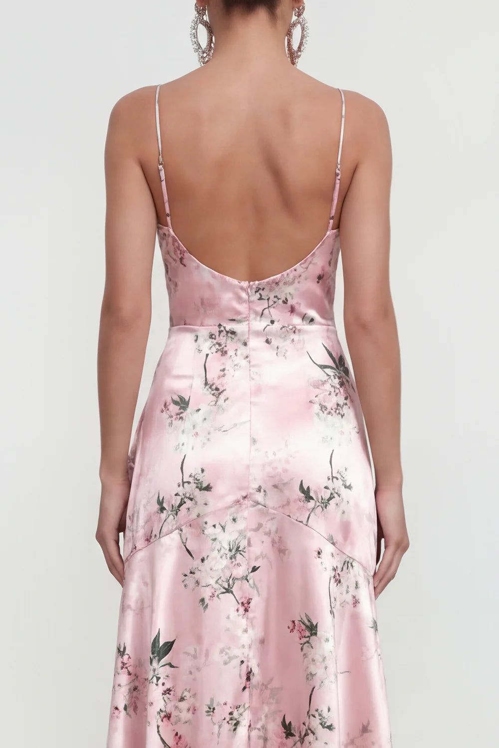 Elegant Spaghetti Strap V Neck Satin Floral Print Ruffled High Slit Open Back Maxi Prom Dress