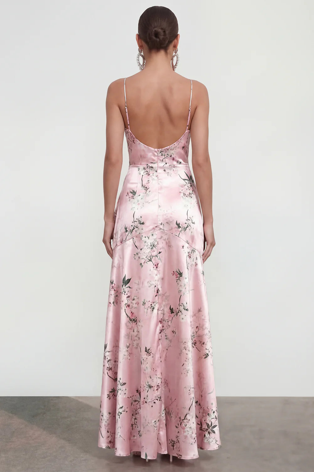 Elegant Spaghetti Strap V Neck Satin Floral Print Ruffled High Slit Open Back Maxi Prom Dress