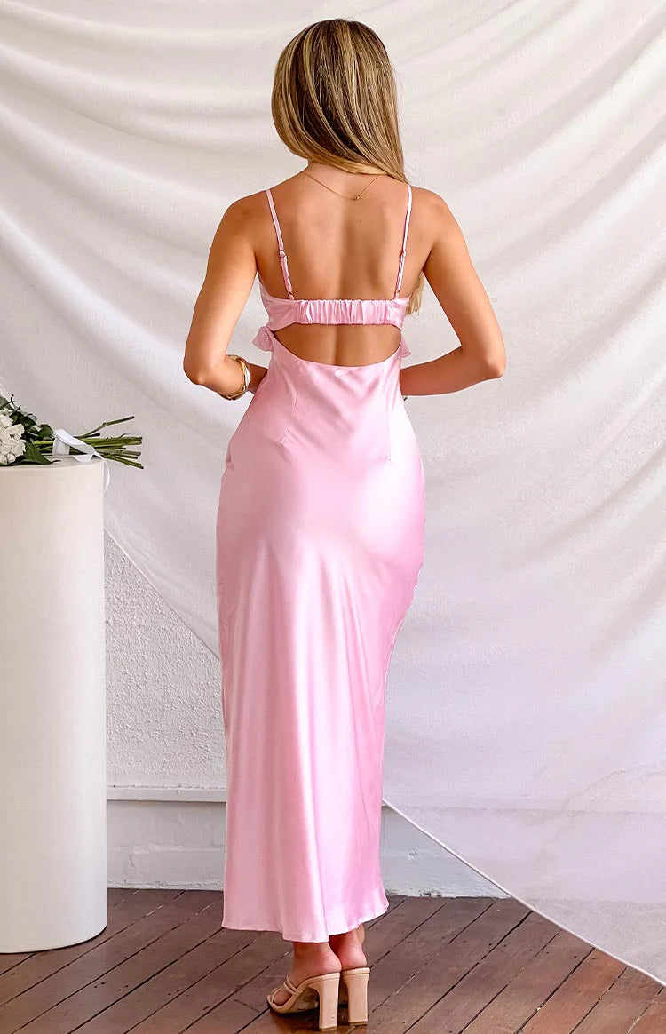 Elegant Spaghetti Strap V Neck Satin Maxi Prom Dress With 3D Rose Detail Ruffle Trim And Open Back For Formal Evening Wedding Guest Bridesmaid Cocktail Party