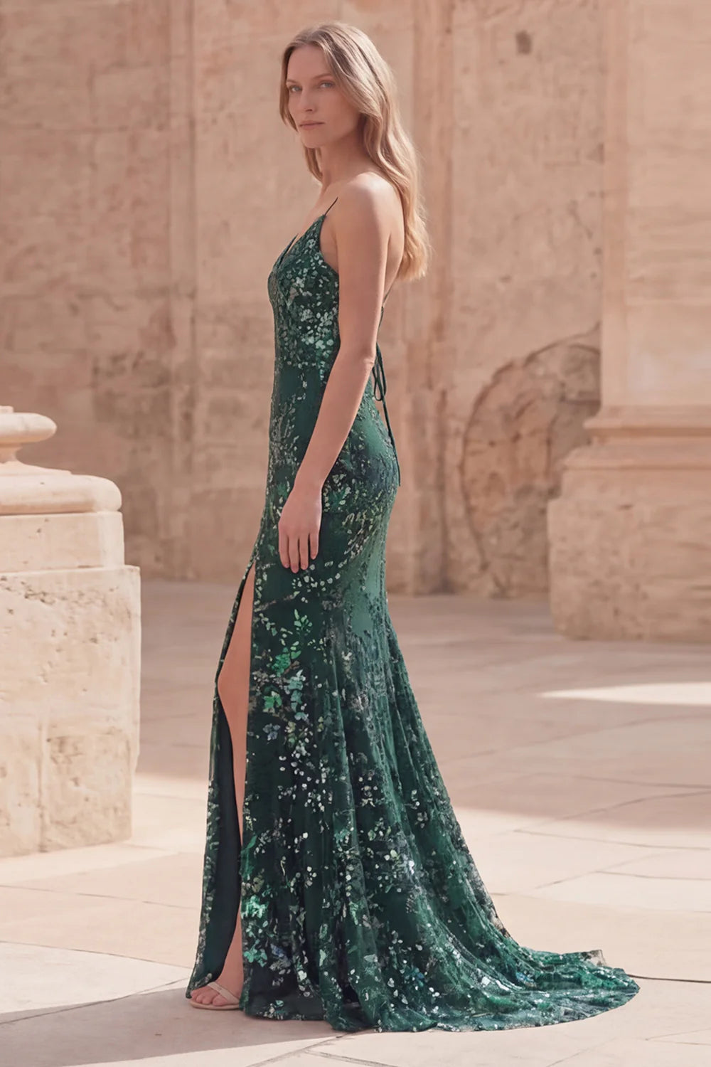 Elegant Spaghetti Strap V Neck Sequin Floral Embellished Lace Up Back High Slit Mermaid Maxi Prom Dress