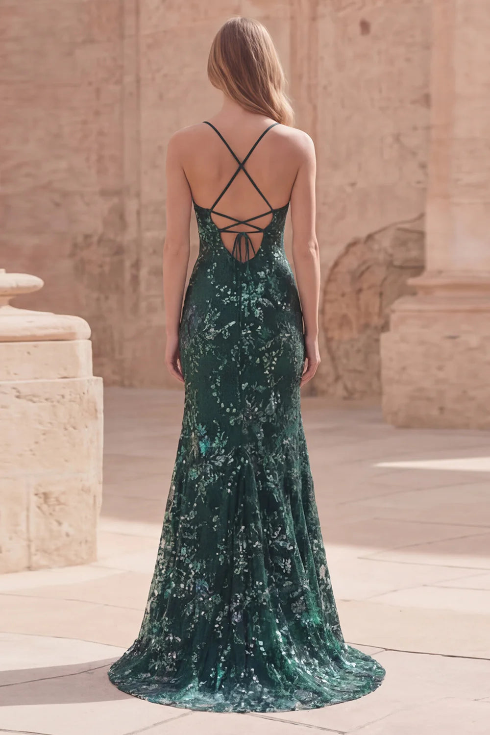 Elegant Spaghetti Strap V Neck Sequin Floral Embellished Lace Up Back High Slit Mermaid Maxi Prom Dress