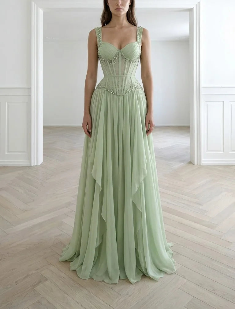 Elegant Square Neck Beaded Lace Up Corset Ruffle Chiffon A-Line Maxi Prom Dress