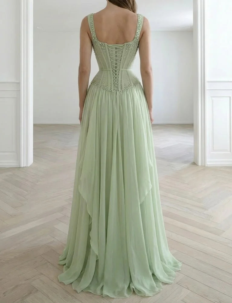 Elegant Square Neck Beaded Lace Up Corset Ruffle Chiffon A-Line Maxi Prom Dress