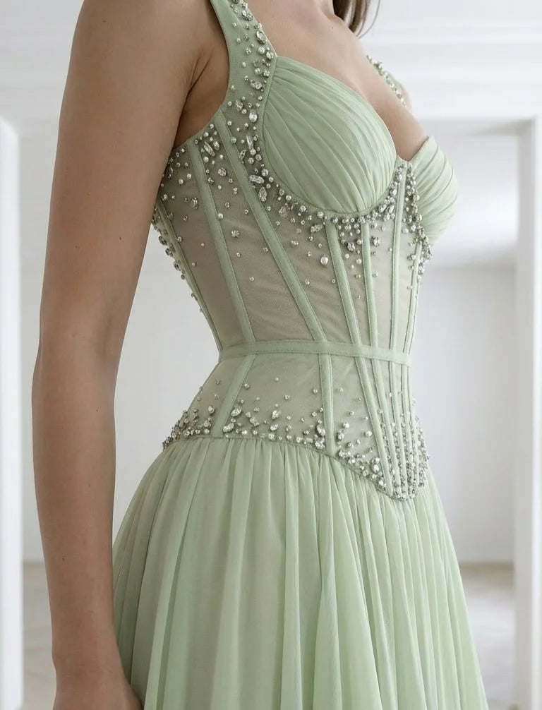 Elegant Square Neck Beaded Lace Up Corset Ruffle Chiffon A-Line Maxi Prom Dress