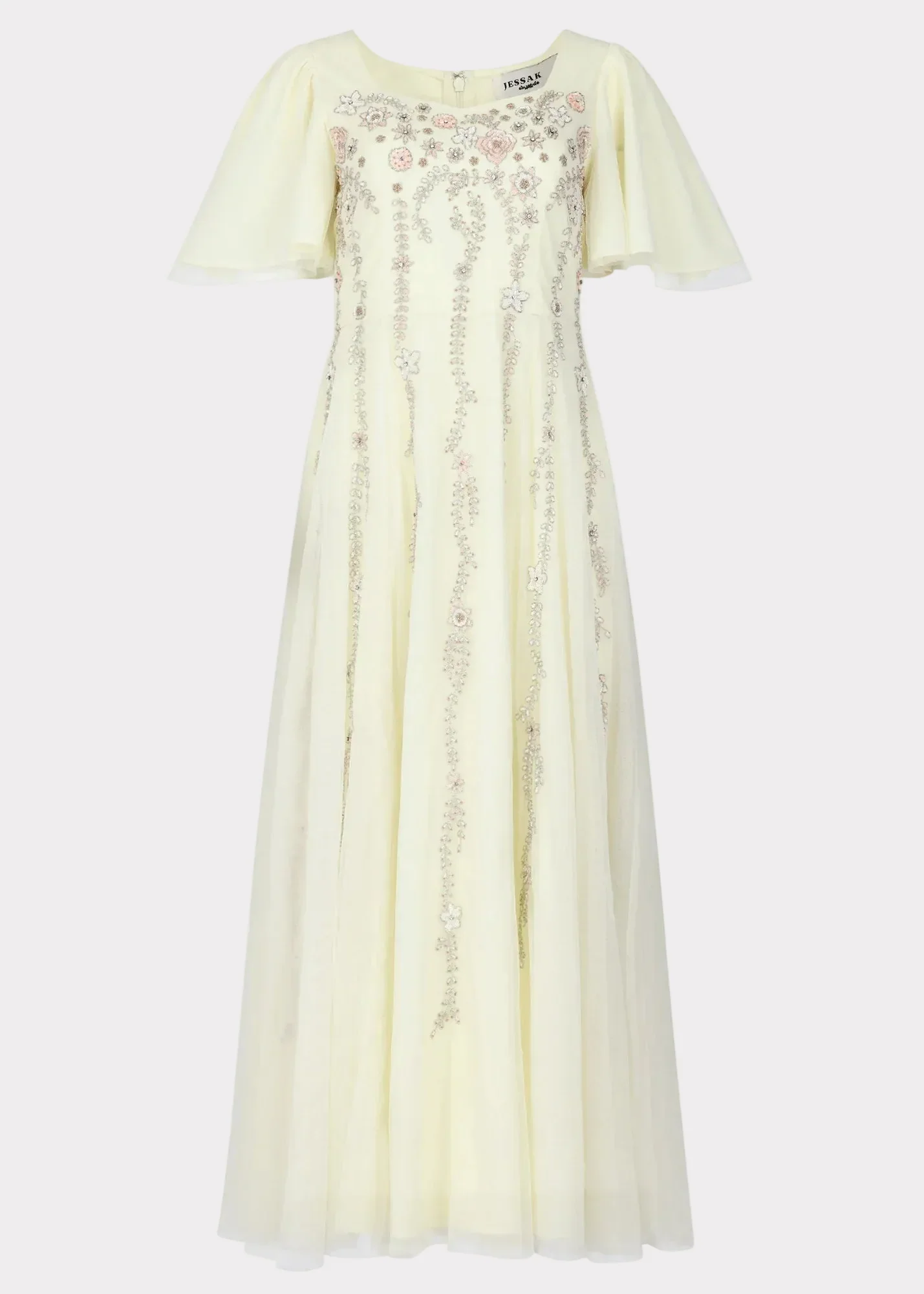 Elegant Square Neck Flutter Sleeve Floral Beaded Embroidery Tulle Maxi Evening Dress For Formal Evening Prom Wedding Guest Bridesmaid Cocktail Party Gala