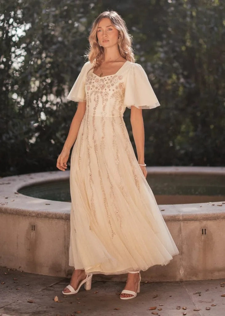 Elegant Square Neck Flutter Sleeve Floral Beaded Embroidery Tulle Maxi Evening Dress For Formal Evening Prom Wedding Guest Bridesmaid Cocktail Party Gala