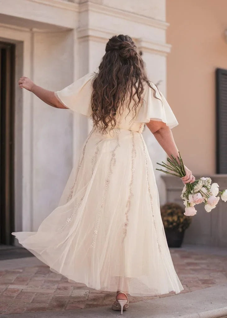 Elegant Square Neck Flutter Sleeve Floral Beaded Embroidery Tulle Maxi Evening Dress For Formal Evening Prom Wedding Guest Bridesmaid Cocktail Party Gala