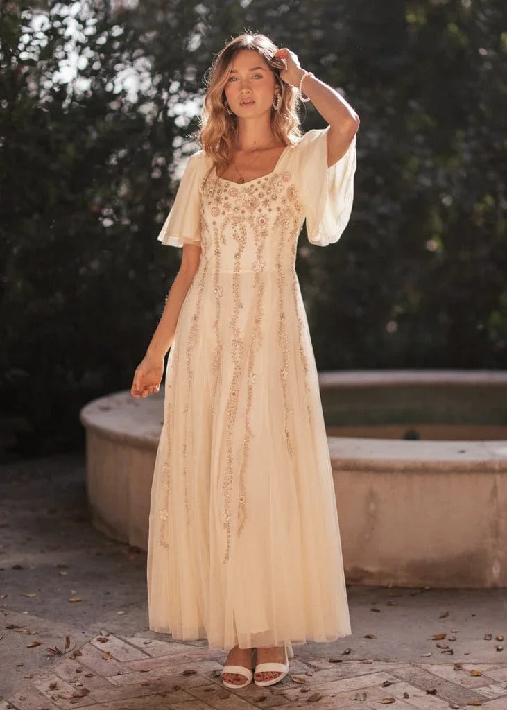 Elegant Square Neck Flutter Sleeve Floral Beaded Embroidery Tulle Maxi Evening Dress For Formal Evening Prom Wedding Guest Bridesmaid Cocktail Party Gala