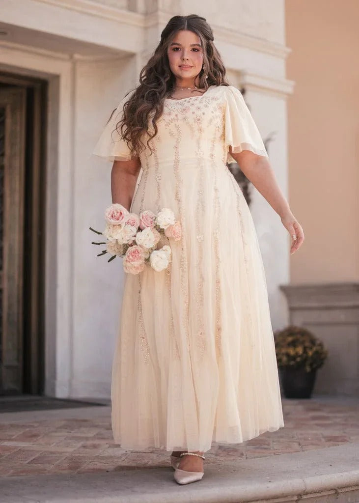 Elegant Square Neck Flutter Sleeve Floral Beaded Embroidery Tulle Maxi Evening Dress For Formal Evening Prom Wedding Guest Bridesmaid Cocktail Party Gala