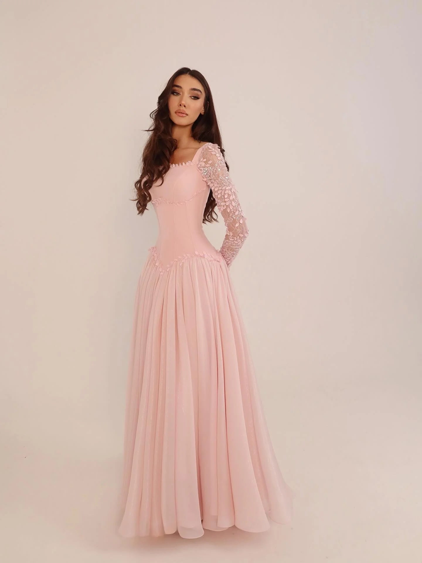 Elegant Square Neck Long Sleeve Lace Beaded Bodice Flowy Chiffon A Line Maxi Prom Dress For Formal Evening Gala Wedding Guest Bridesmaid