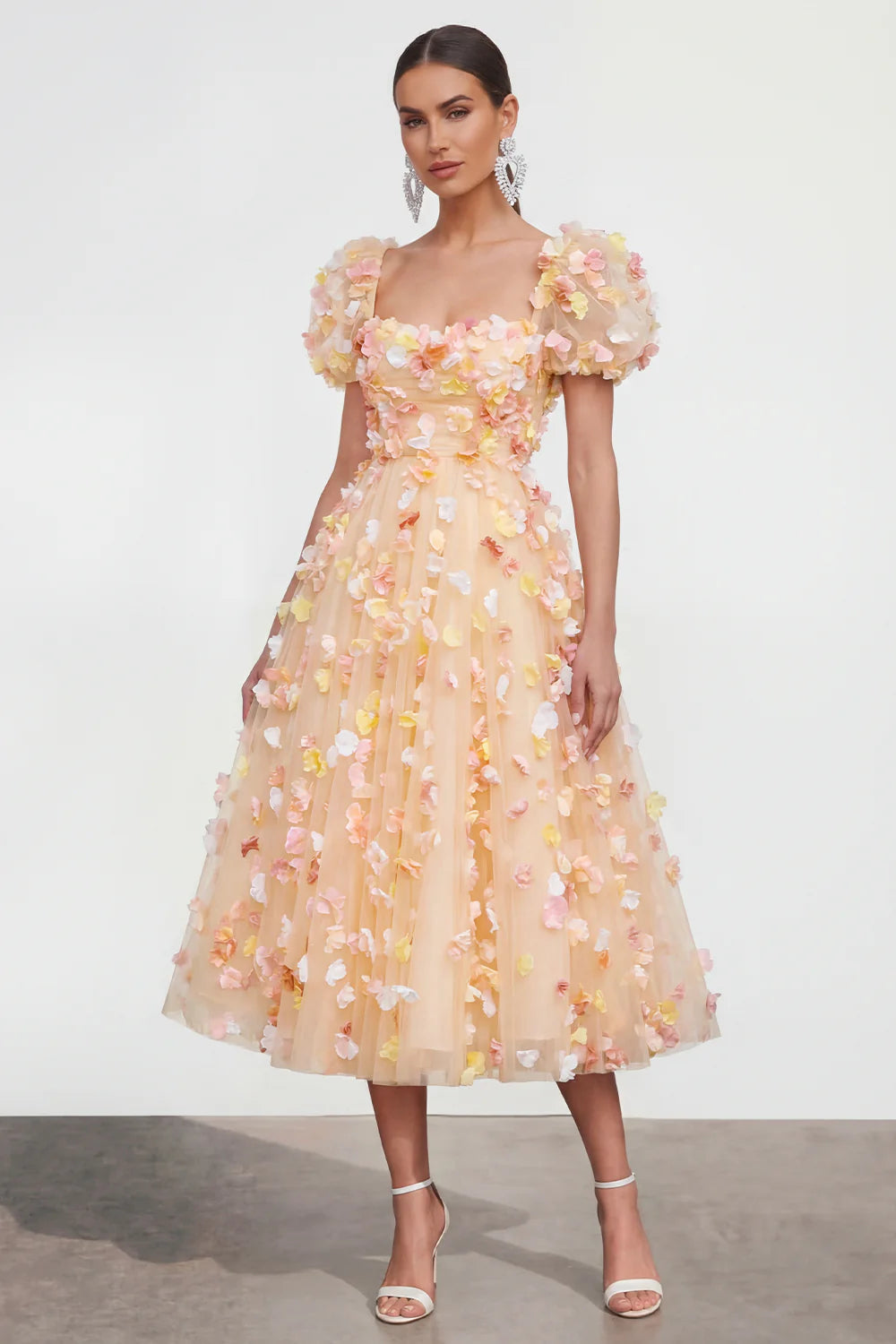 Elegant Square Neck Puff Sleeve Lace Up Back 3D Floral Petal Embellished Tulle A Line Midi Prom Dress